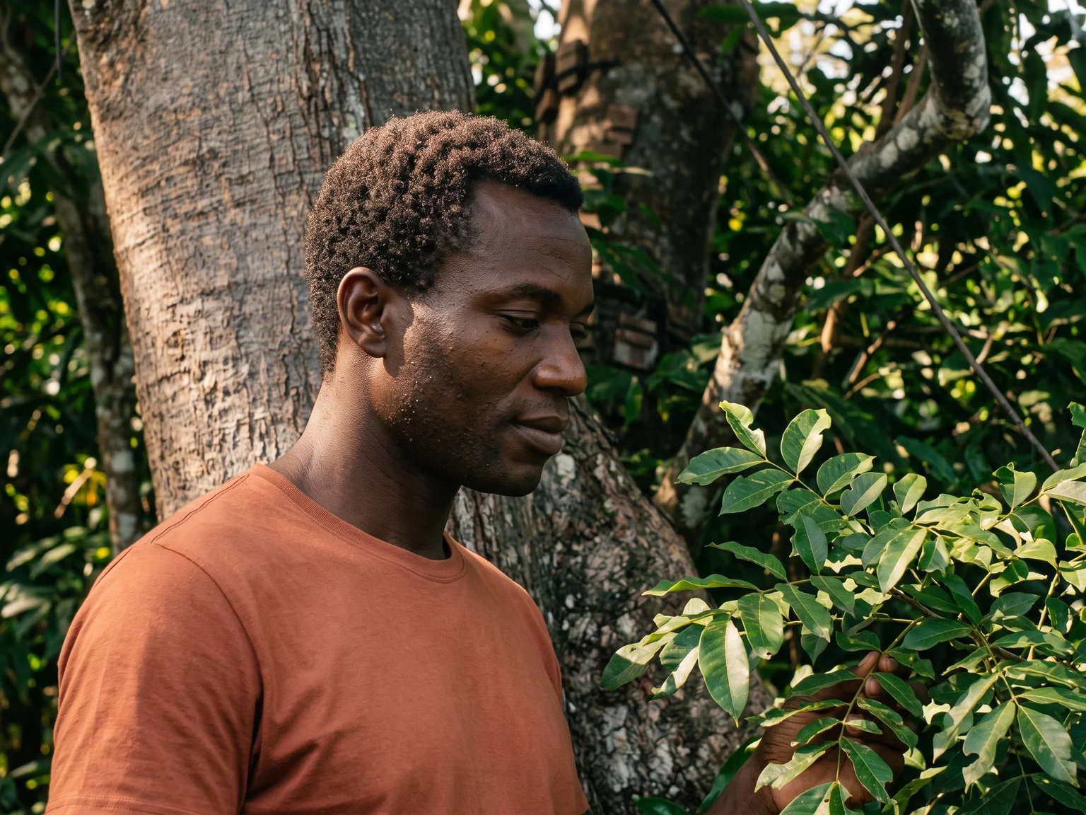 Fictional visitor pausing beside a textured tropical tree