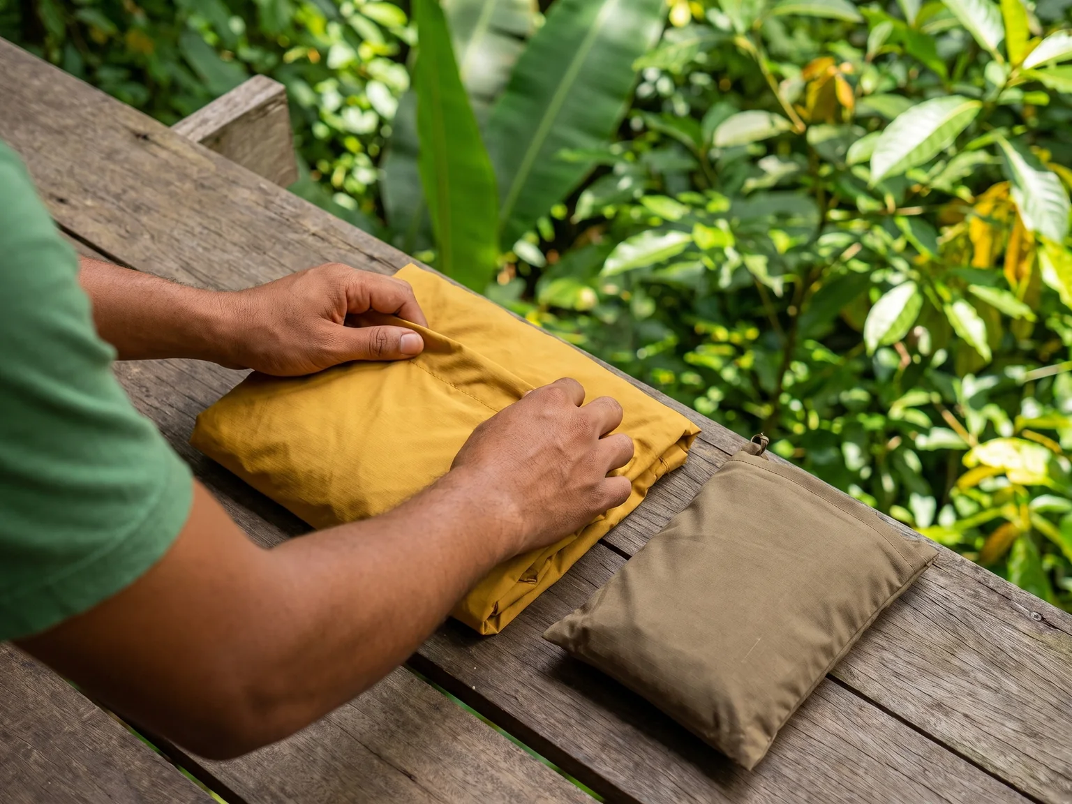 Hands folding a lightweight rain layer on dry wood decking