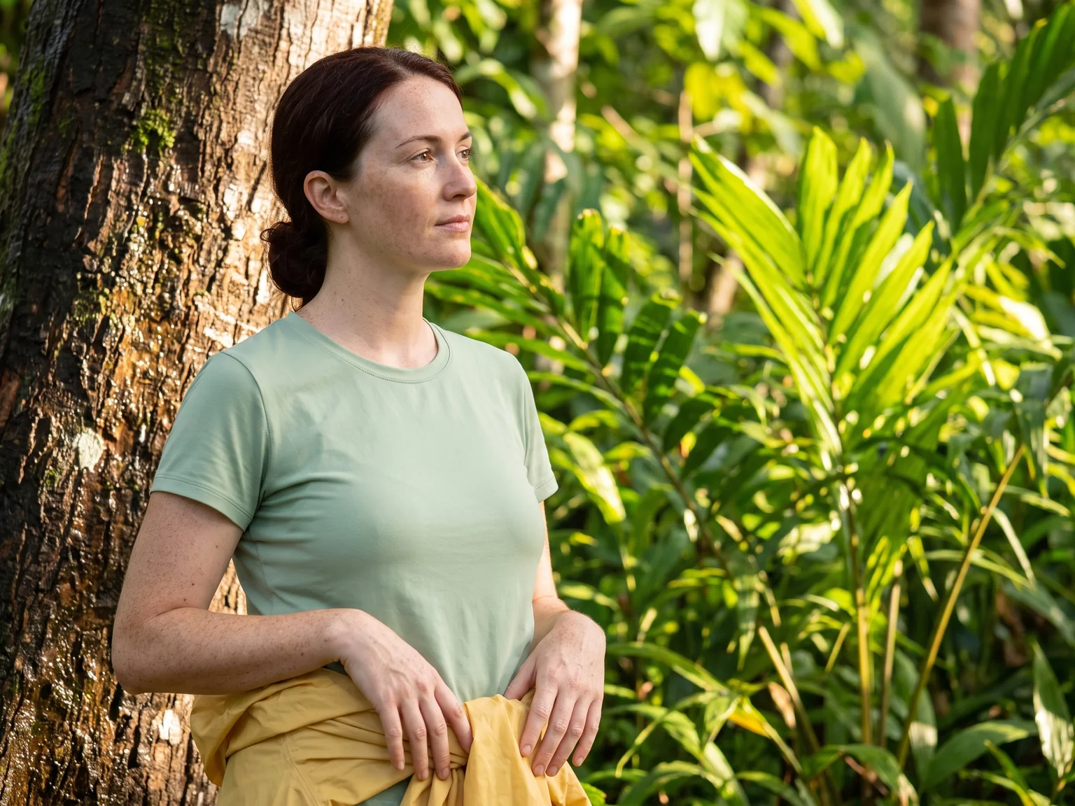 Fictional visitor holding a folded rain layer beside a tropical tree